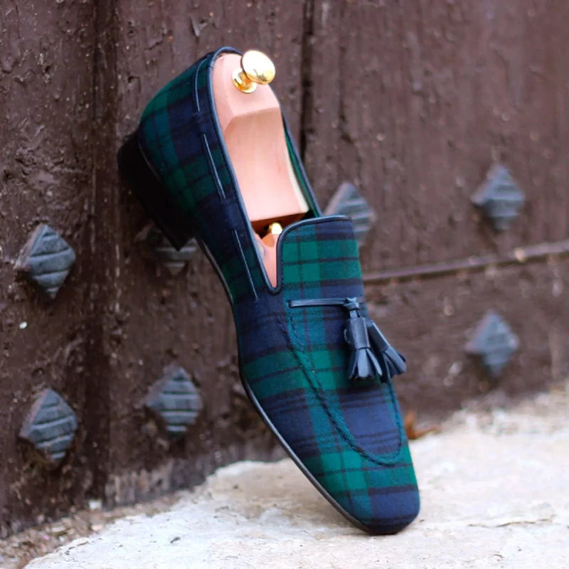 Mocassins chaussure à carreaux bleu et vert pour homme