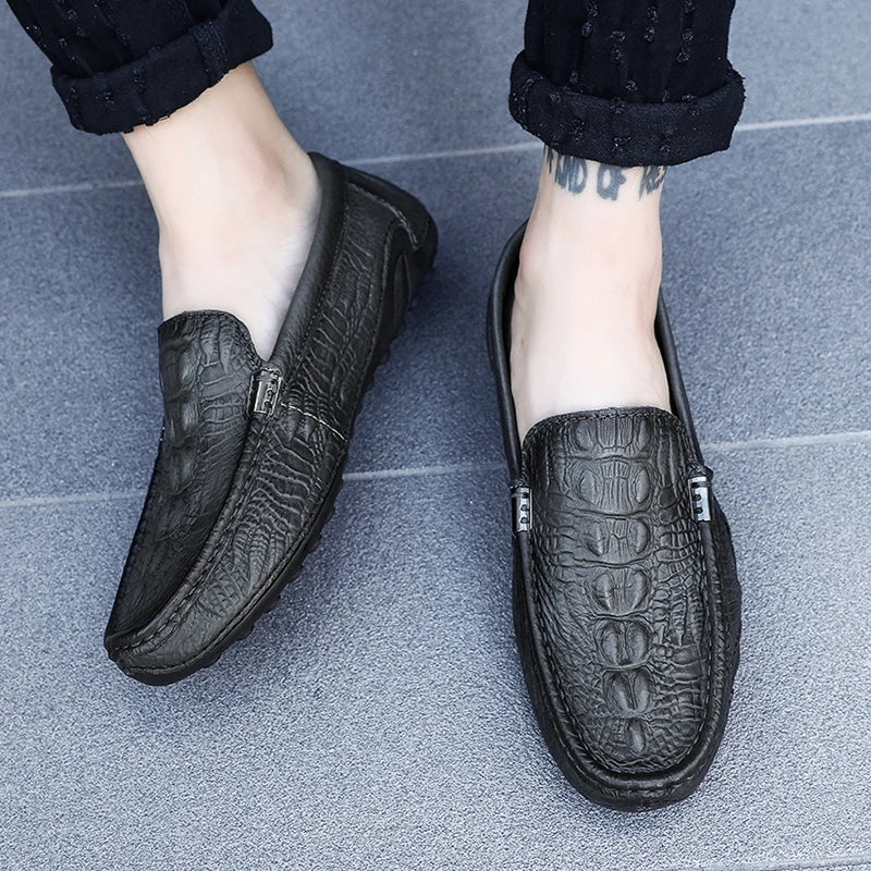 Mocassins marron en cuir véritable à motifs crocodile